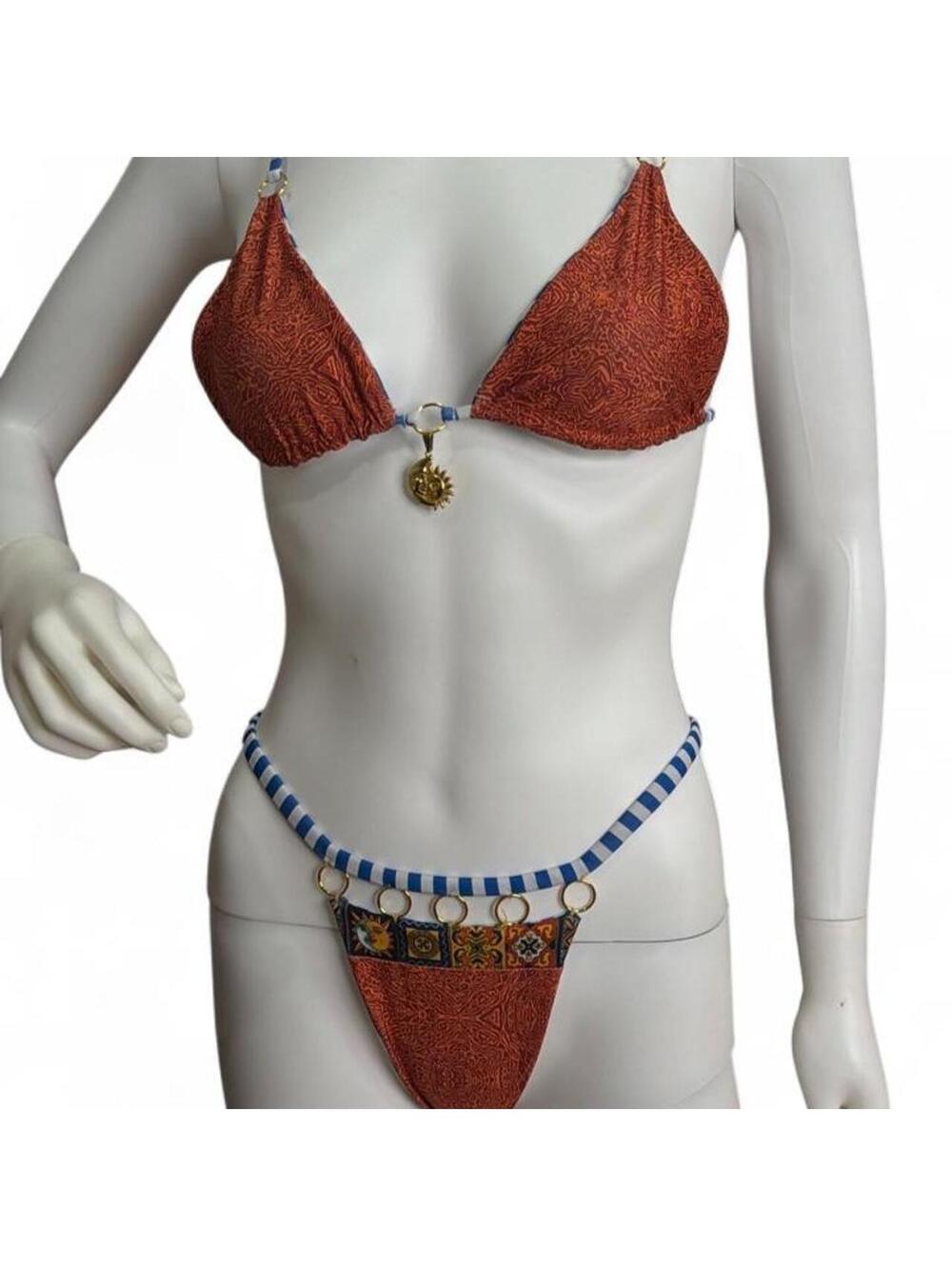 Akosha Reversible Triangle Bikini Set Brown Terracotta Blue Stripe Size 4